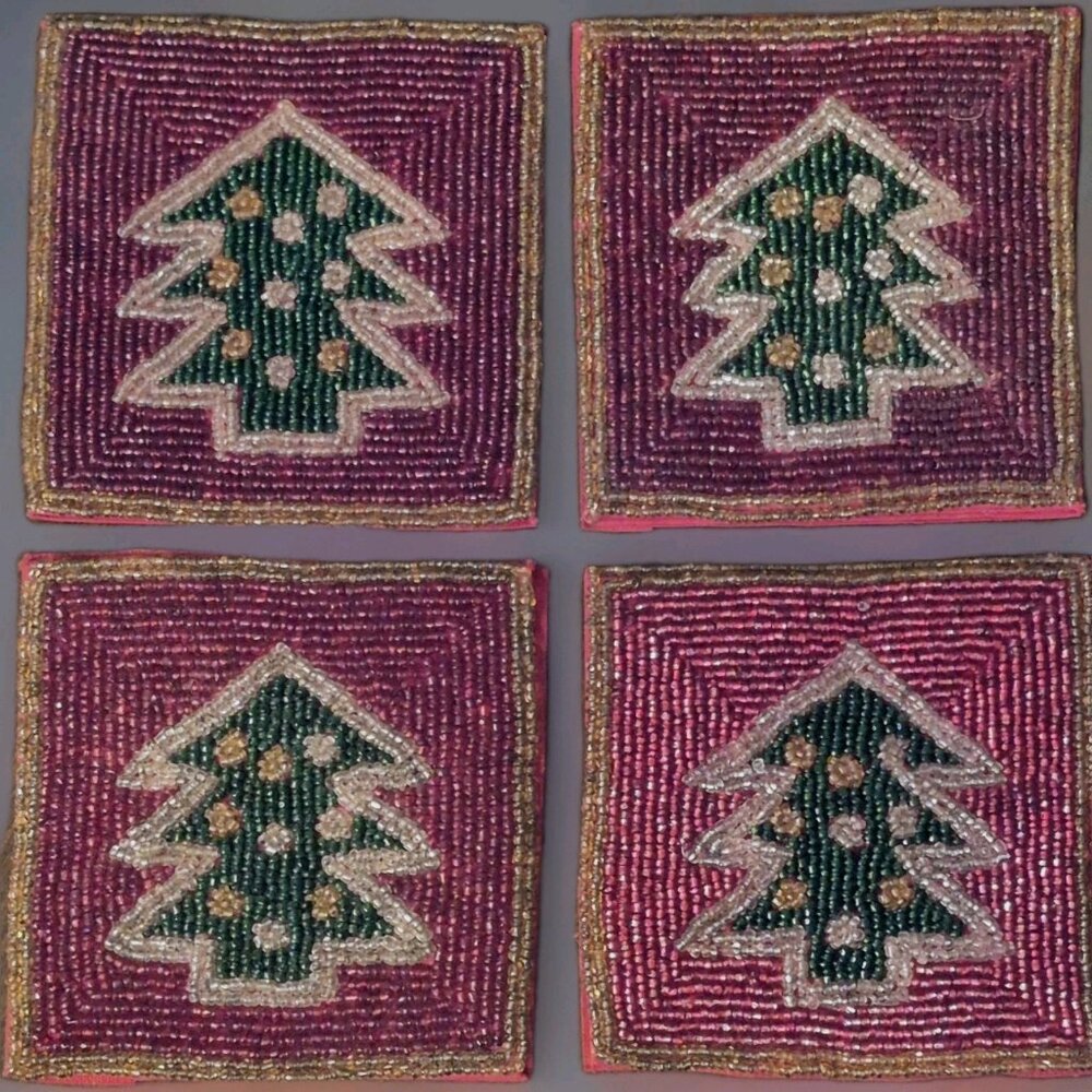 Set Of (4) 4" Square Holiday Hand Made Beaded Christmas Tree Coasters
